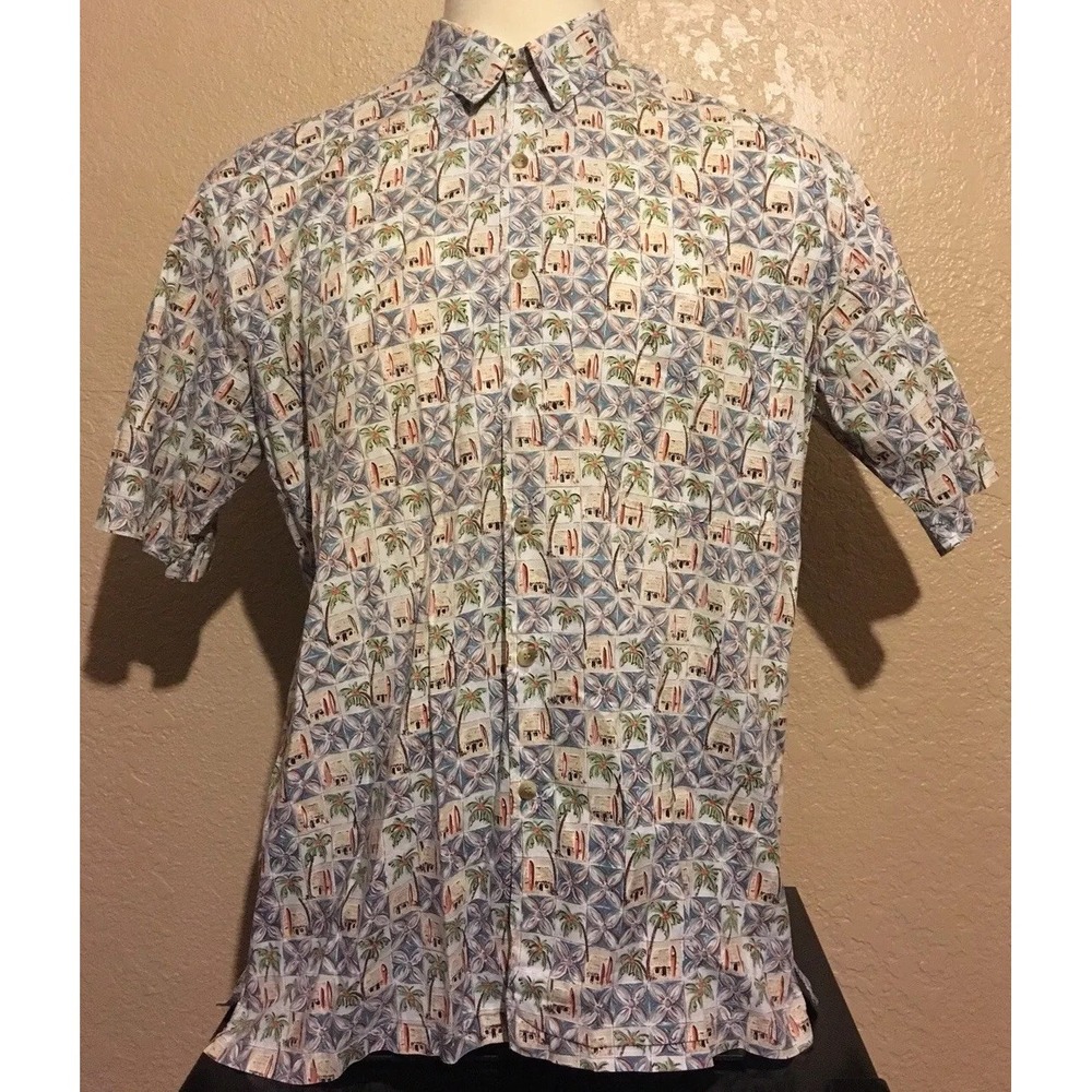 Kahala Men's Large 100% Cotton Lawn Floral Surf Board Palm Tree Hawaiian Shirt L